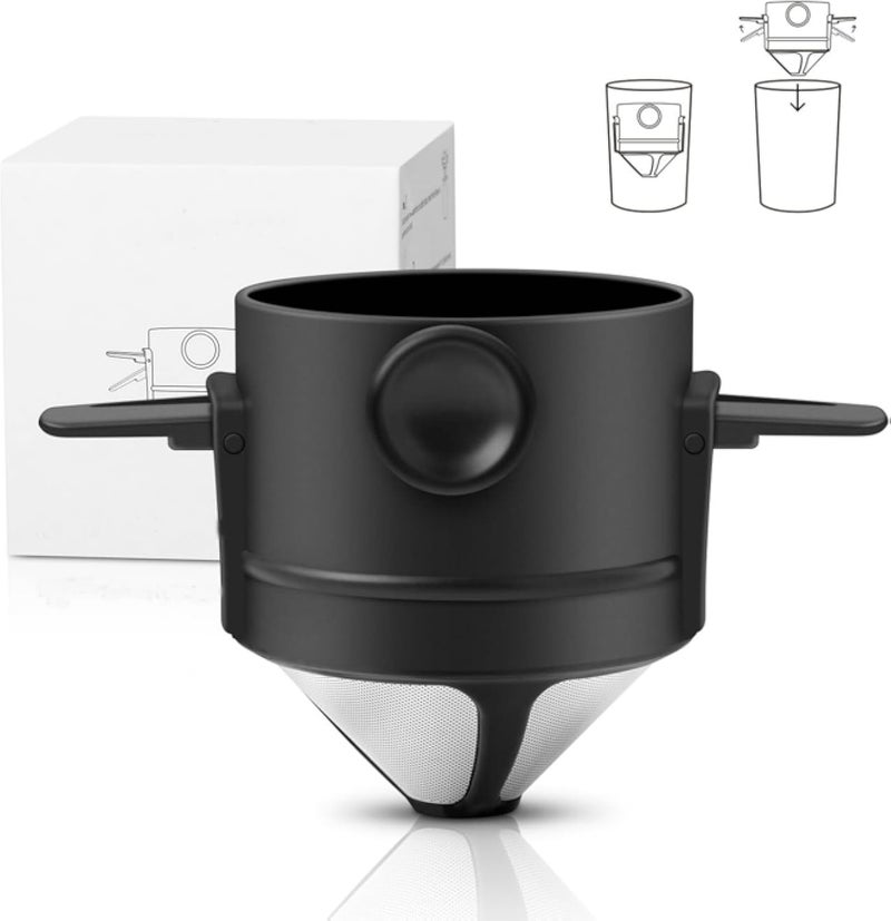 Pour Over Coffee Filter, Portable Stainless Steel Reusable Coffee Dripper Cone - Mini Collapsible Paperless Single Serve 1-2 Cup Coffee Maker for Travel Camping Offices Backpacking